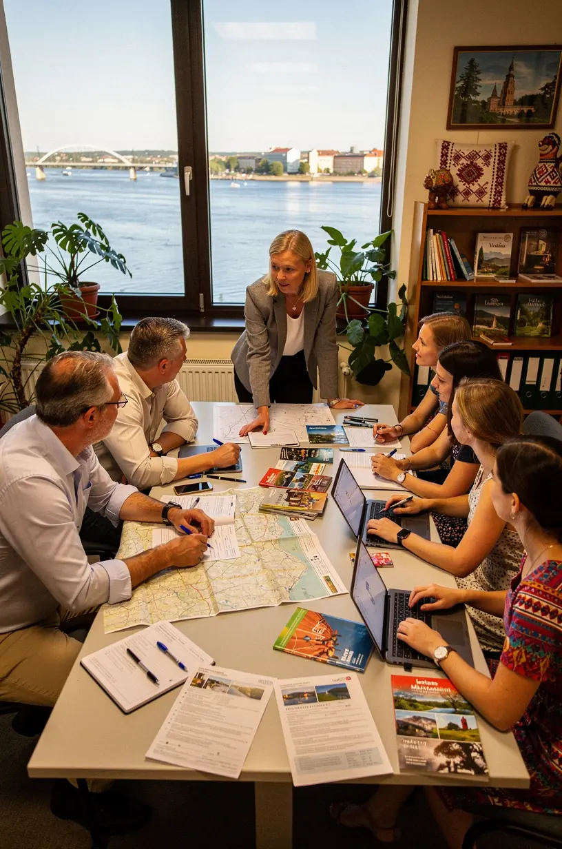 Vizualizācija ar ceļojuma plānošanas procesu, uzsverot skaidru laika pārvaldību un reģionālo pieeju